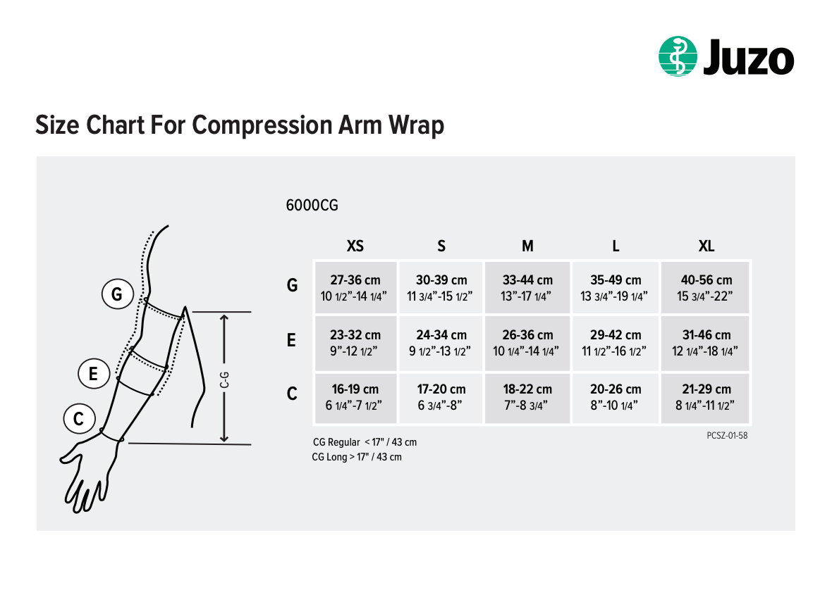 Juzo Reversa arm compression wrap size chart