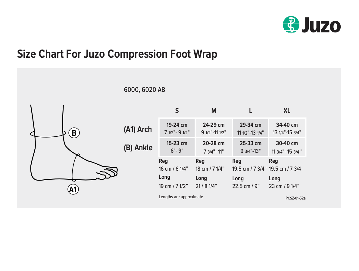 Juzo Reversa foot compression wrap size chart