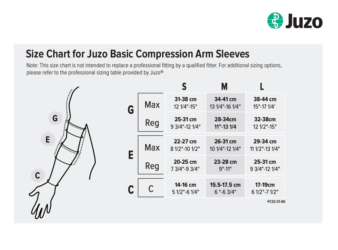 Juzo arm compression sleeve size chart