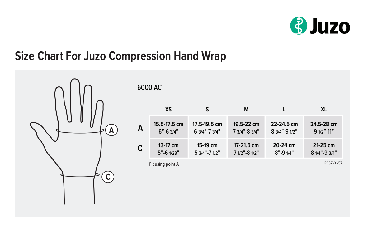 Juzo Reversa compression gauntlet size chart