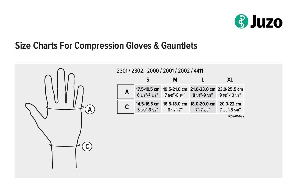 Juzo compression gloves and gauntlets size chart