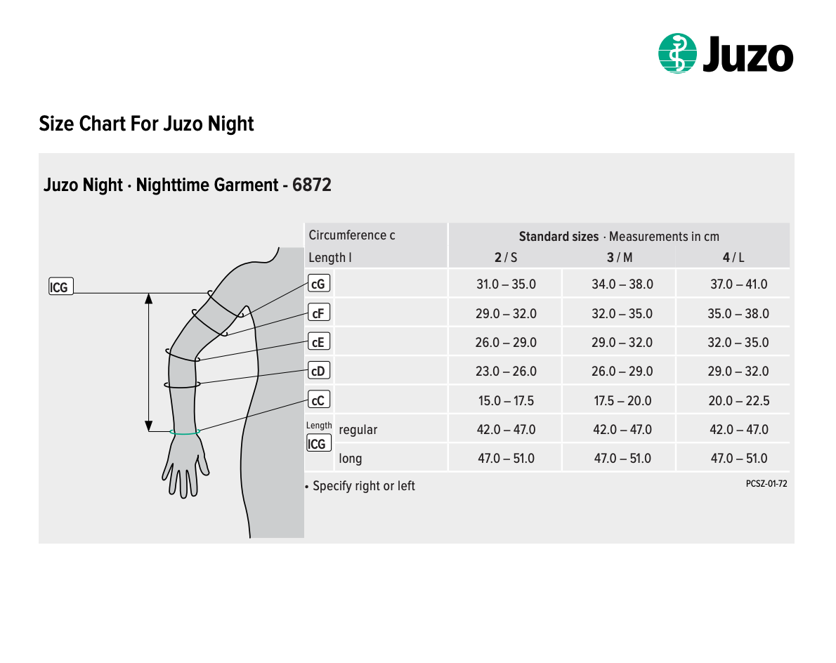Juzo night arm compression liner size chart