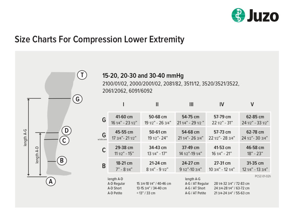 Juzo thigh-high compression stockings size chart